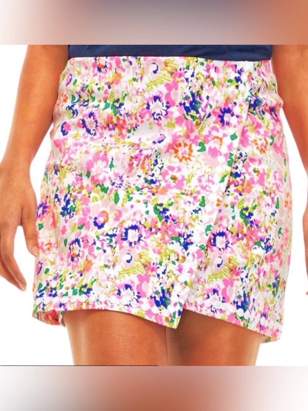Crown & Ivy Faux Wrap Skort Size 14 Pink Floral Preppy Crochet Trim Stretch